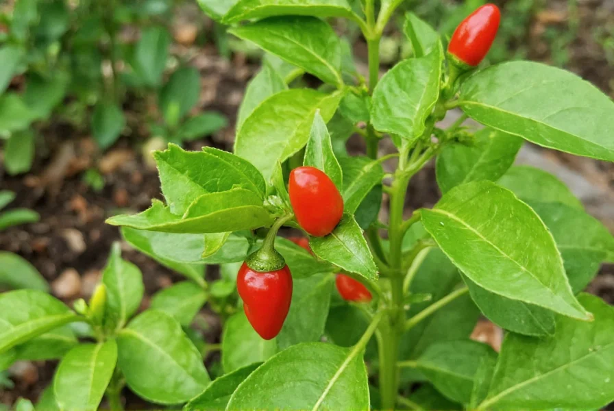 Facing heaven pepper plant showing multiple small red chilies growing in upward orientation against green foliage in garden setting