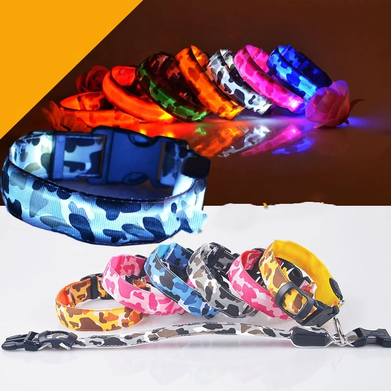 

Secure Camouflage durable night safe luminous adjustable glowing pet dogs electronic dog collar LED light collar usb charging, Colorful pink blue red green yellow purple white orange yellow