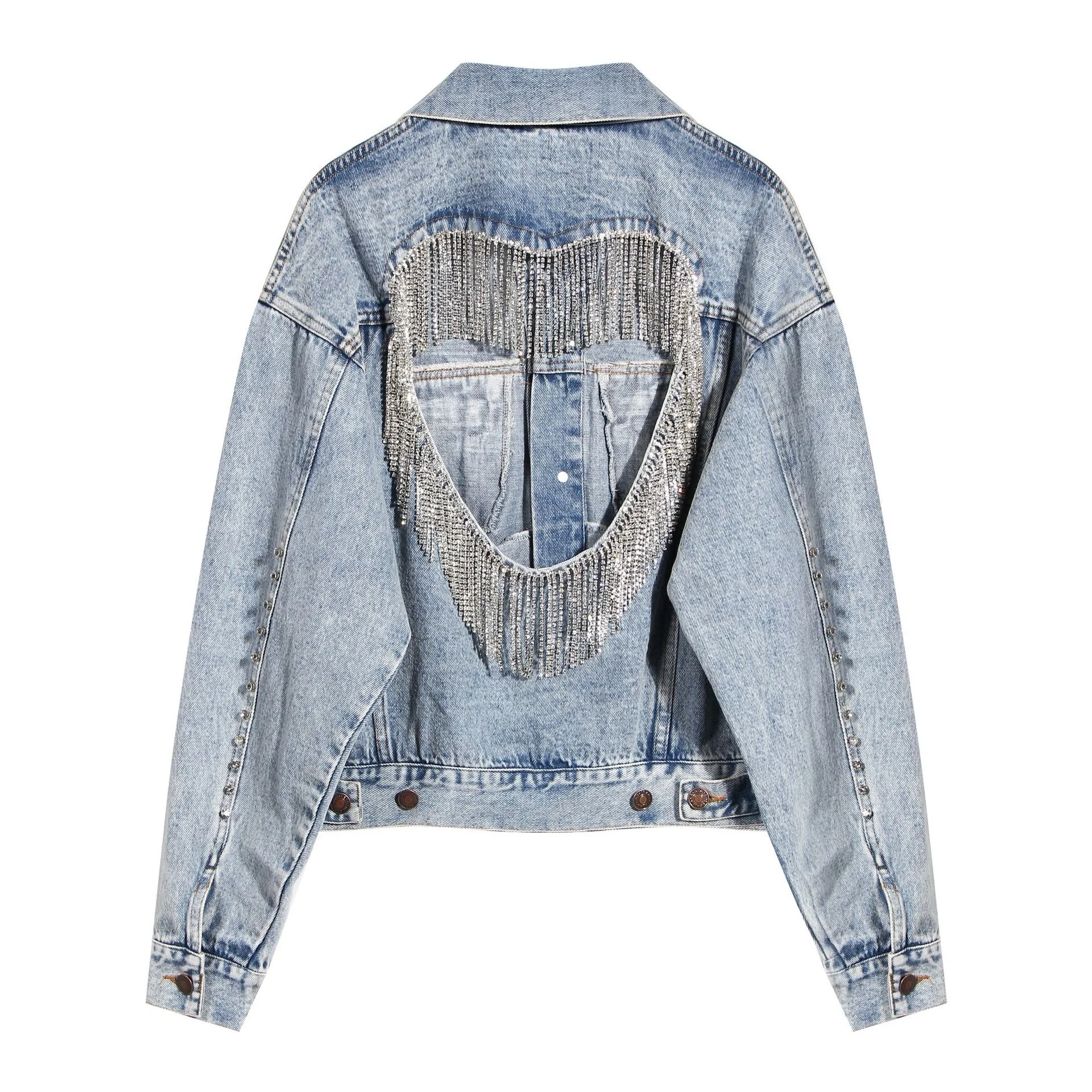 

2021 Oudina Women's Denim Jackets Rhinestone Border Tassel Chain Hollowed Jean Jackets Blue Denim Jacket Women