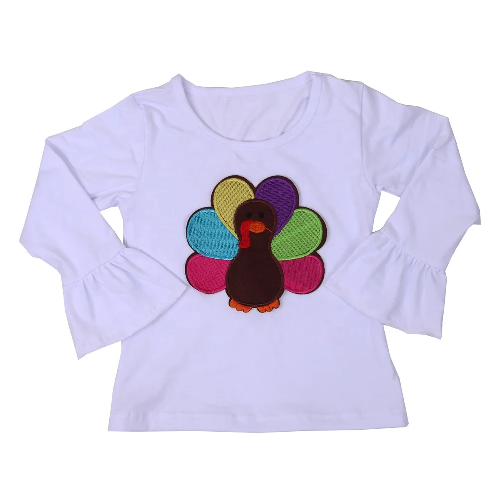 

Wholesale boutique kids white thanksgiving 100% cotton girl ruffle shirt, All colors on the color chart are available