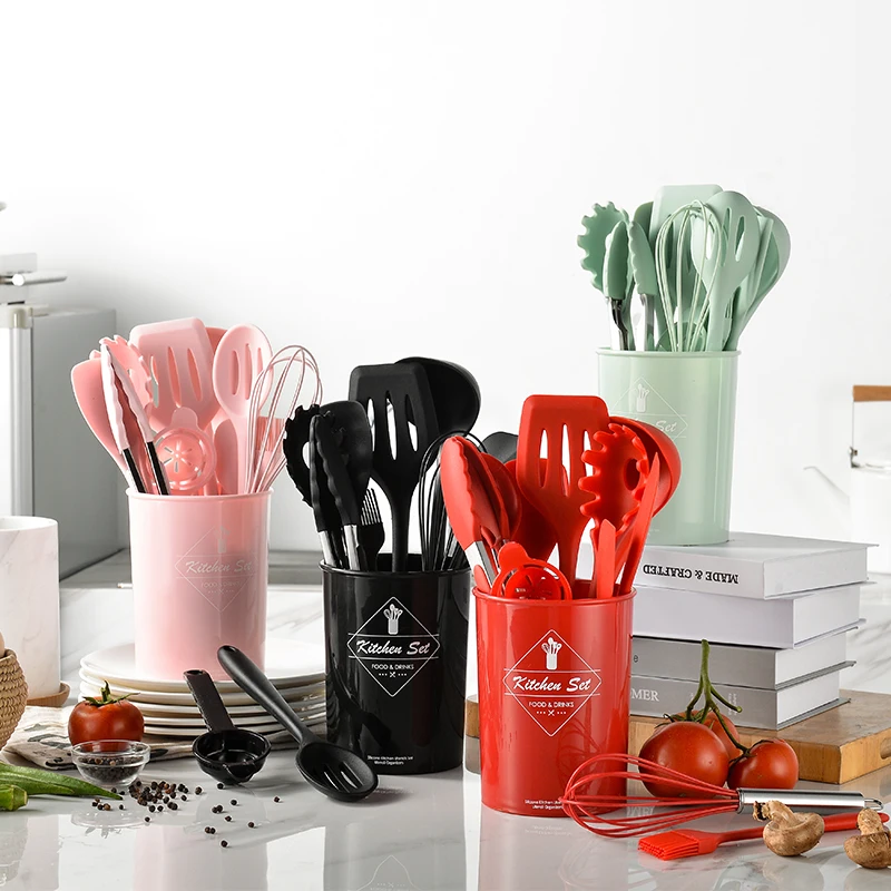 

10Pcs Silicone Kitchen Utensils With Full-Tang Handle Silicone Red & Black Kitchen Utensils new colors available, Customized