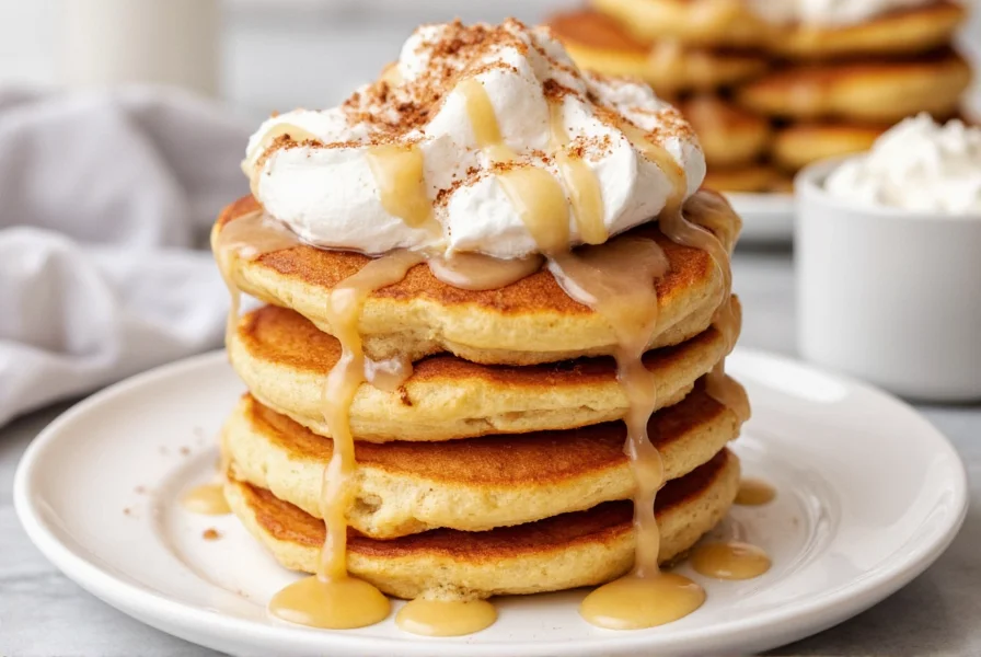 Finished cinnamon roll pancakes with cream cheese glaze drizzled on top