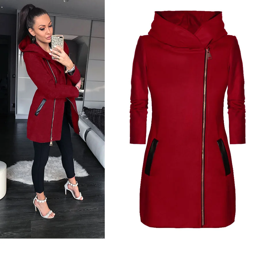 

Winter women's coat high collar hooded contrast color zipper long sleeve coat