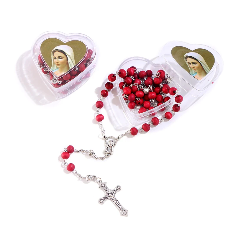 

2021 Wholesales Red Fragrance Wooden Beads Necklace Holy Silver Cross Pendant Maria Center Rosary Necklace