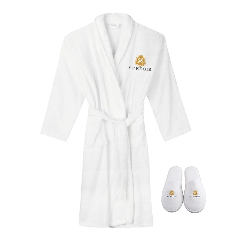 

Embroidered 5 Star Hotel 100% Cotton Bath Robe White Luxury Hotel Terry Bathrobe and Slipper Set