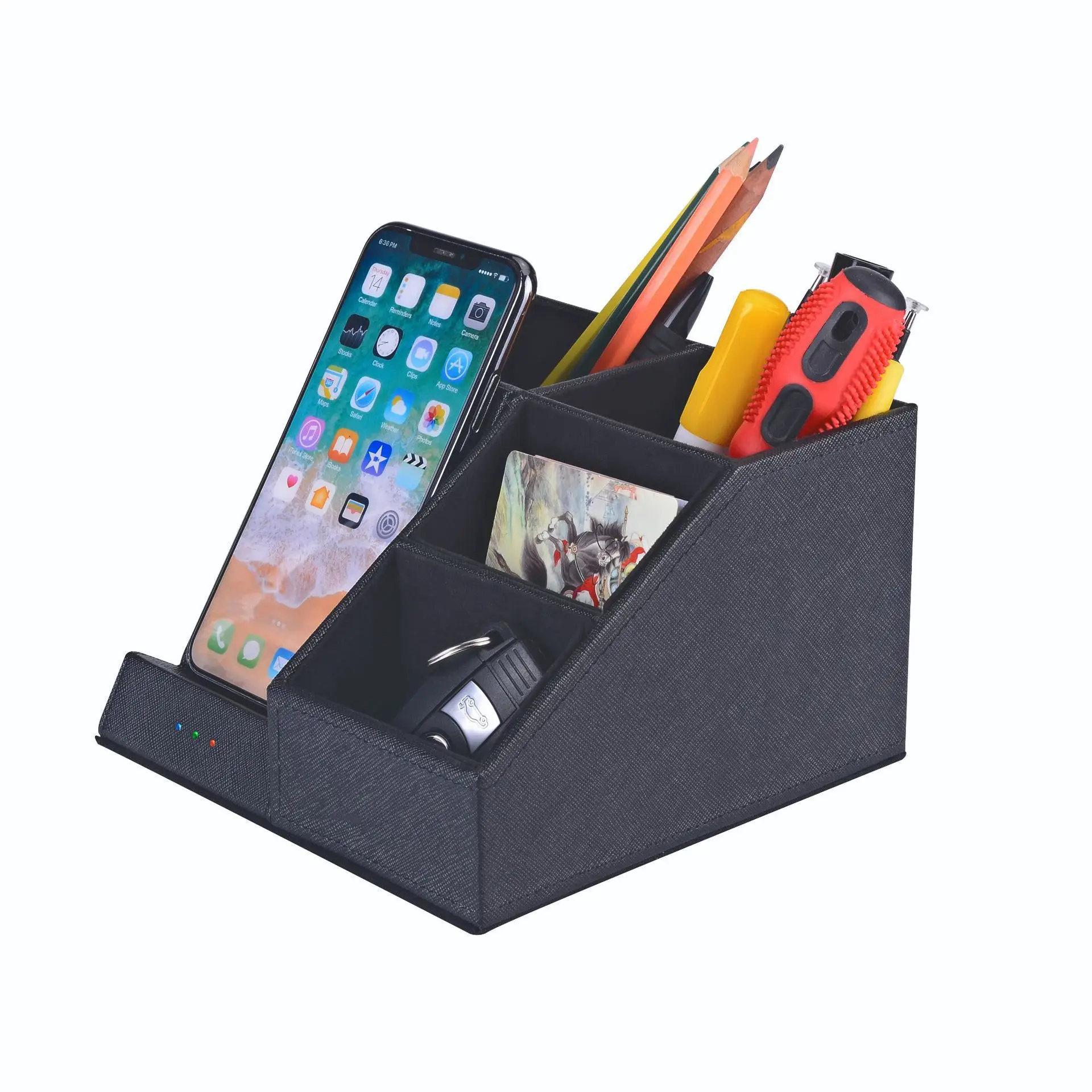 

2021 Muiti-function Pu leather wireless charger/desk organizer box holder custom 10W charging make up storage