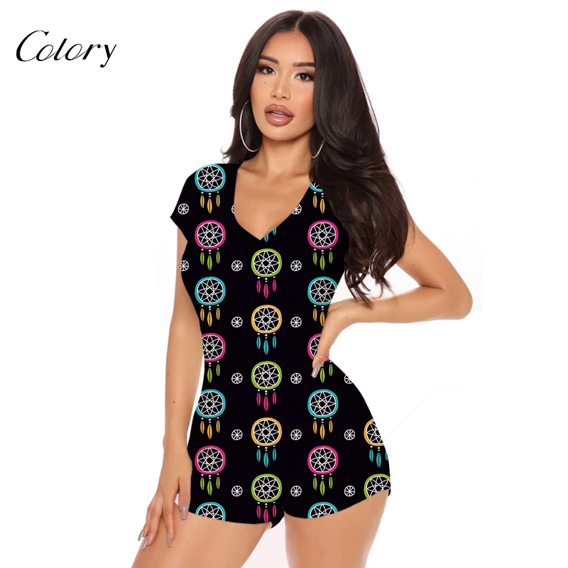 

Colory Cartoon Printed Flower Pajamas Ladies Print Rompers, Picture shows