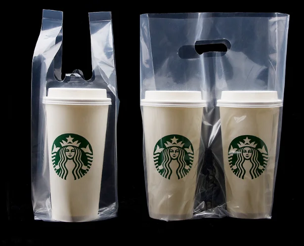 

Take Out Plastic Disposable Plastic Carrier Coffee Milk Tea Cup Holder Bags Thickened Two-cup Tray
