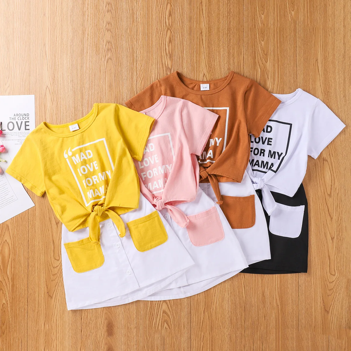 

4colors available baby kids girl cotton t-shirt skirt dresses set