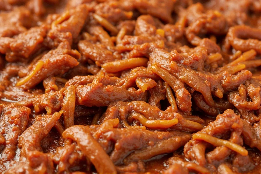 Close-up of shredded beef in rich chili sauce with visible meat fibers
