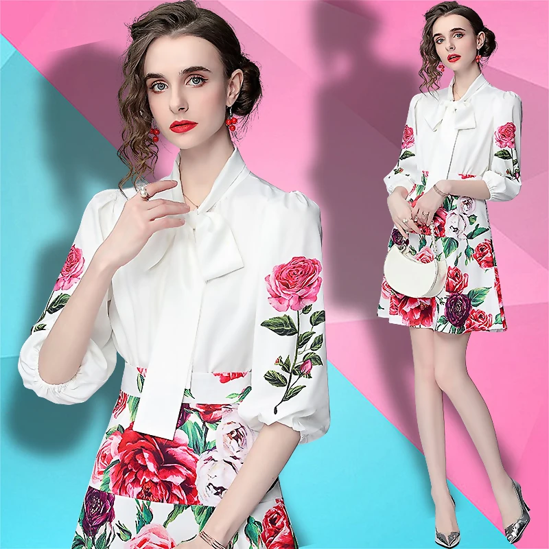 

In stock sales 2021 new woman clothes wholesale fashion apparel elegant printed shirt + A-line half skirt 2-piece set, Picture color