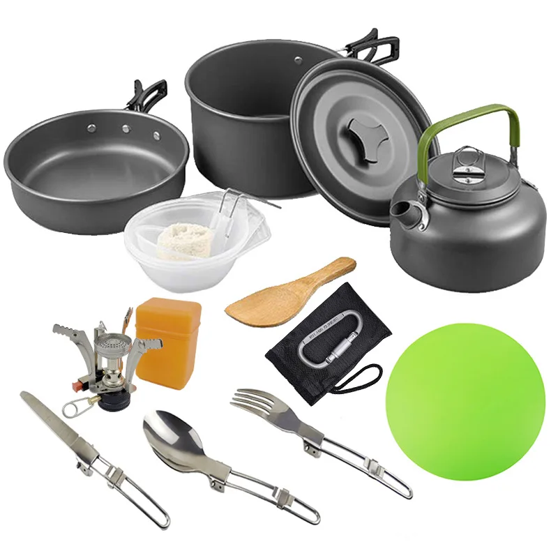 

2021 hot sales Hiking outdoor camping cooking durable Aluminum pot 2-3 person set, Green,orange