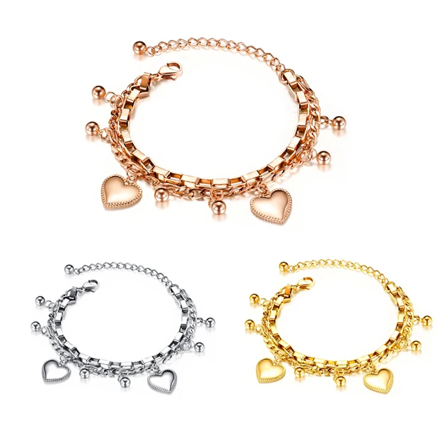 

Wholesale Women Jewelry Stainless Steel Multi-layer Charm Heart Bracelet With Adjustable Chain