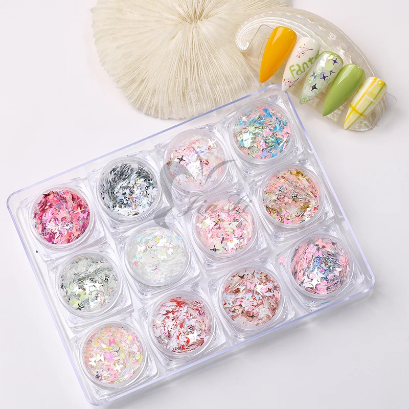 

Hot selling 12grid mixed butterfly moon acrylic sequins nail art sticks, As picture