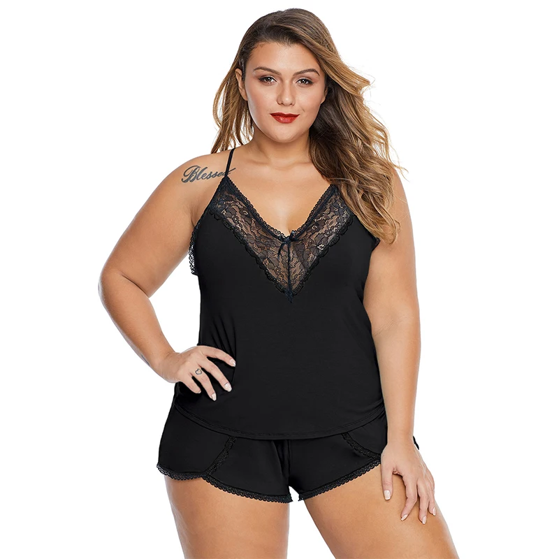 

Plus Size Women Clothing V Neck Lace Patchwork Cami Shorts Pajama Sets