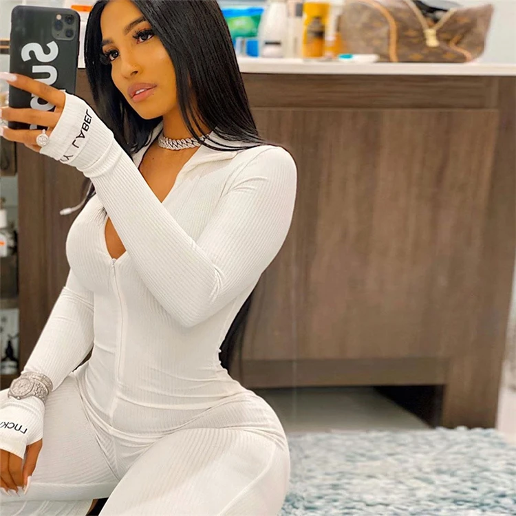 

Fashion Long Sleeve Bodysuit Ladies Fall Clothes 2021 Rompers Pant Lucky Label Knit Ribbed White One Piece Jumpsuits Women, As show / custom colors