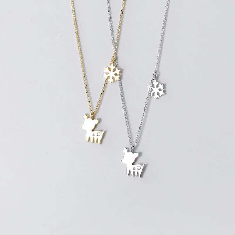 Wholesale S925 Sterling Silver Necklace Christmas Student Cute Glossy Diamond Fawn Sweet Snow Pendant Necklace
