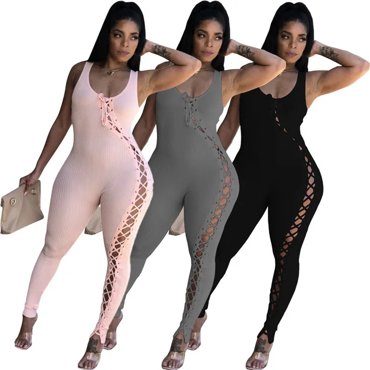 

Low Neck Sleeveless Party Club Romper Casual Stretchy One Piece Overalls Eyelet Lace Up Hollow Sexy Skinny Bodysuits for Women