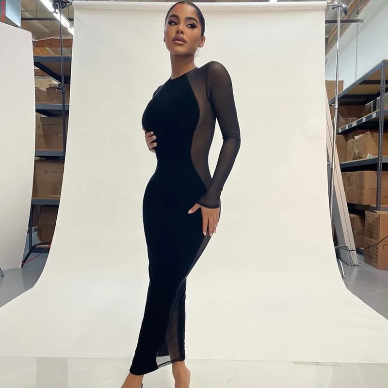 

Bomblook Q21DS629 Elegant Solid Color Round Neck Long Sleeve Mesh Velvet Patchwork Bodycon Women Maxi Evening Dress