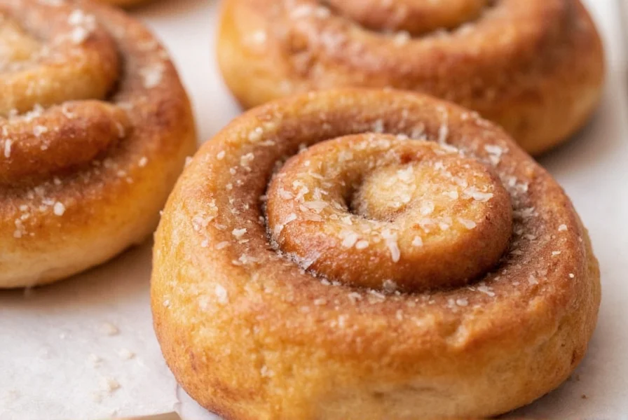 Professional food photography of Cinnabon cinnamon roll showing cross-section with melted icing dripping down the sides