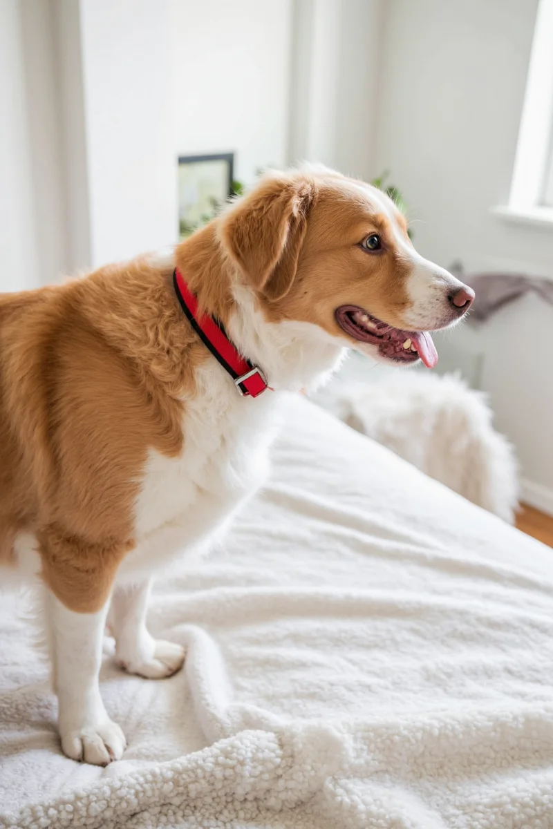 Dog shaking off water in a tiled mudroom with rubber mats, boot trays, and coat hooks