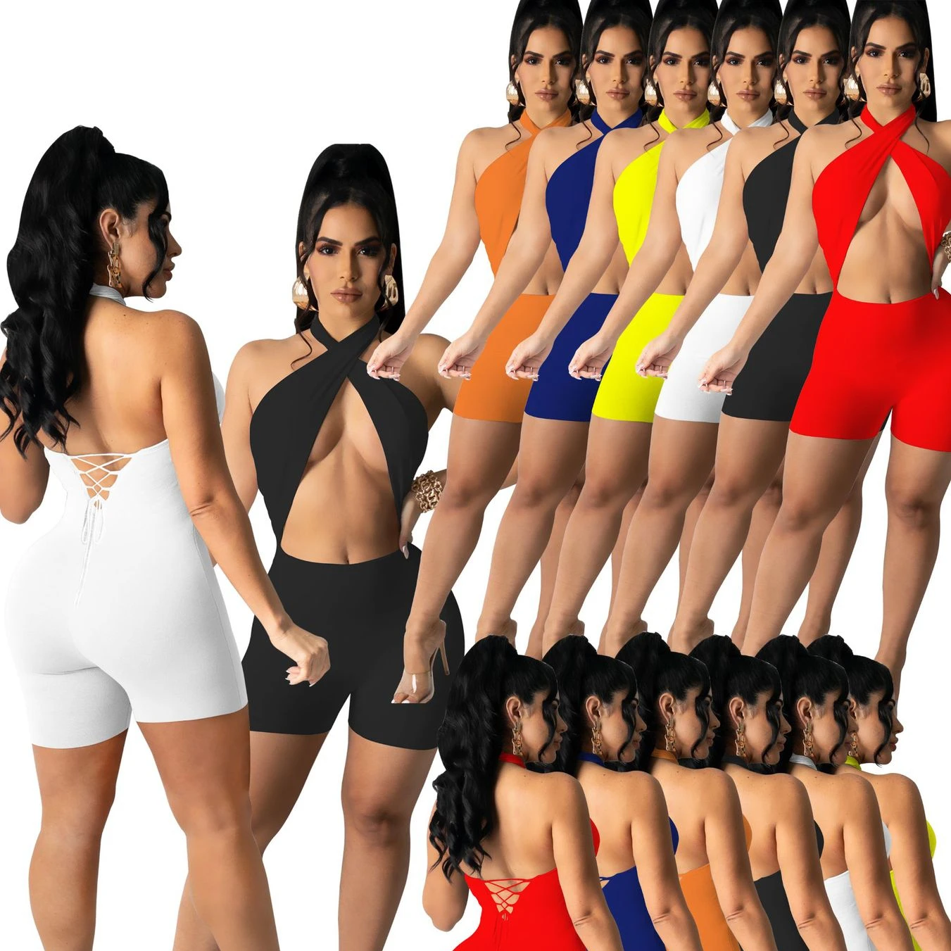 

Halter Jumpsuit 2021 Sexy Rompers Womens Sleeveless Short Jumpsuit Backless Bodysuits for Ladies
