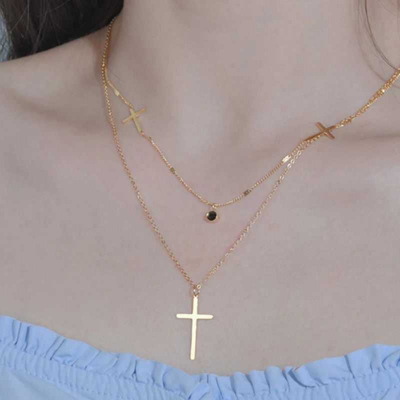 

INS Stainless Steel Jewelry Cross Double Layered Necklace