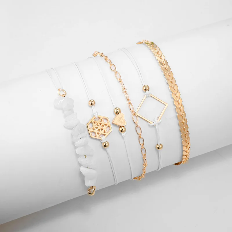 

6Pcs/Set Fashion Women's Geometric Arrow Chain Love Heart hollow Heart Bracelet For Gift Girl Lady Jewelry, As photos
