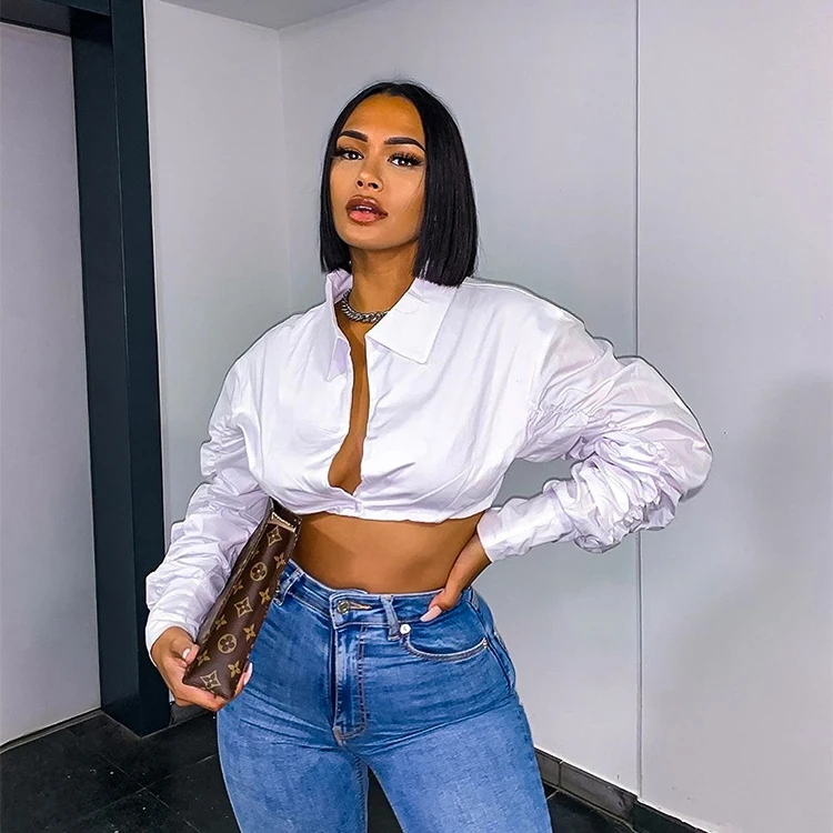 

Latest Trendy Sexy Women Blouse Long Sleeve Crop Tops White Color Shirt Women Fashion Design Lady Blouse