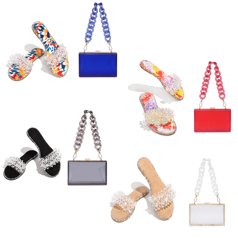 

2022 Summer Women Acrylic Purse And Shoe Sets Transparent Diamond Purse And Sandals Set Matching Sandal And Purse Match Sets, Black/red/blue/ transparent