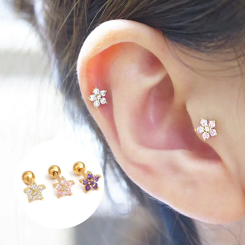 

Tiny Flower Micro CZ Paved Stainless Steel Gold Barbell Cartilage Helix Tragus Piercing Stud Earrings