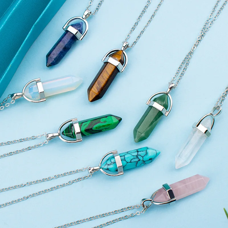 

Hexagon Pendant Bullet Emerald Crystal Diamond Pendant Gold and Silver Metal Filigree Wrap Chain Pendant Necklace