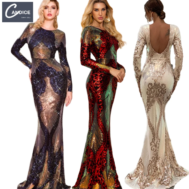 

Candice Haute couture wedding guest stitching bodycon ball gowns prom elegant evening wear sequin dinner dress long sleeve