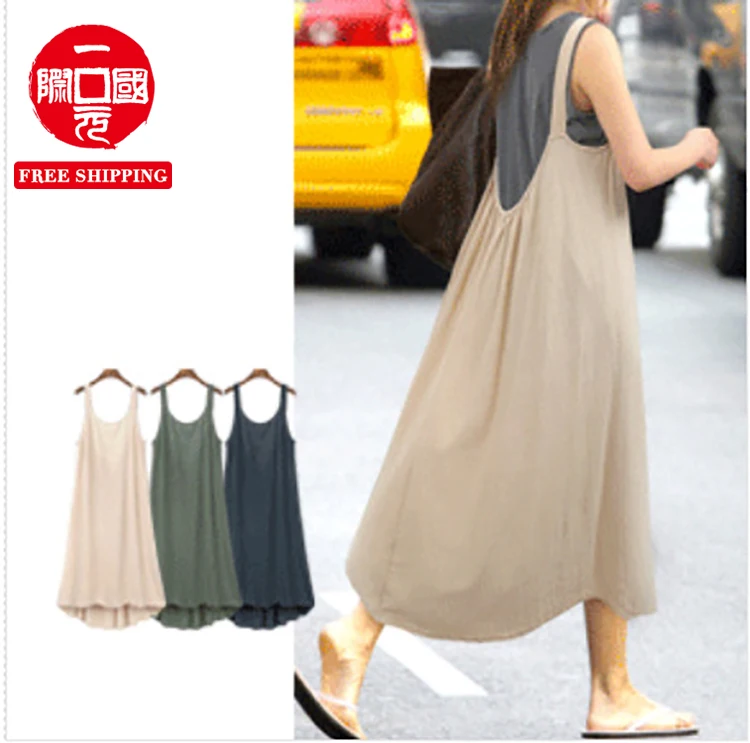 

2021 New Large Size Pure Color Linen Sling Skirt Fashion Casual Loose Washed Cotton Long dress