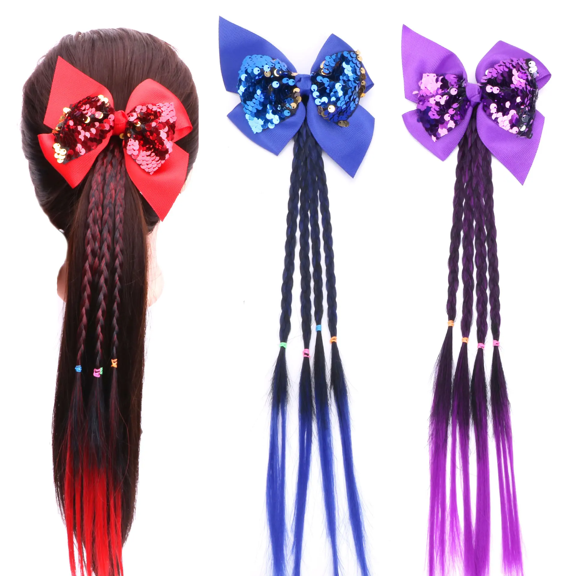 

New Hot Sale Children'S Sequined Bow Gradient Twist Braid Rainbow Hair Accessories For Braids, Pic showed