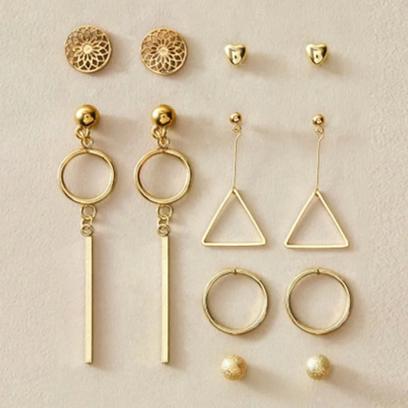 

Ready to Ship 6 Pcs/set Gold Plated Earrings Set Elegant Geometric Stud Earrings for Women, Golden