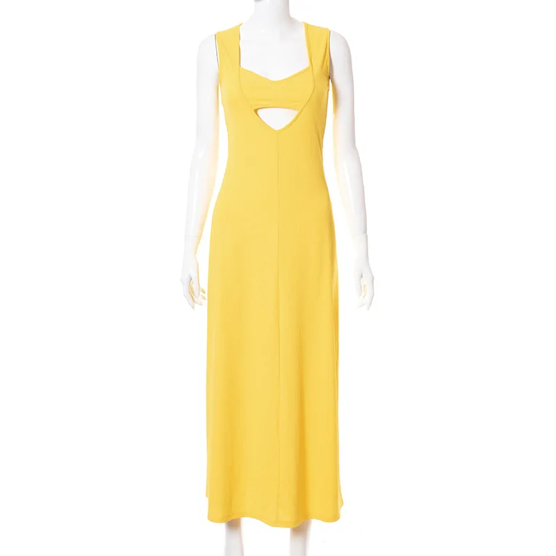 

Sexy Lady Elegant Bodycon Women Evening Girls Casual Patchwork Sleeveless Long Hollow Out Maxi Dress, Yellow white