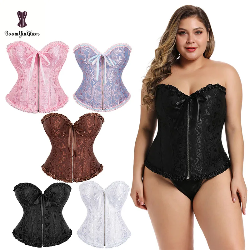 Paypal Acceptable Vintage Firm Breathable Bow Floral Brocade Zipper Lingerie Women Corset Plus Size