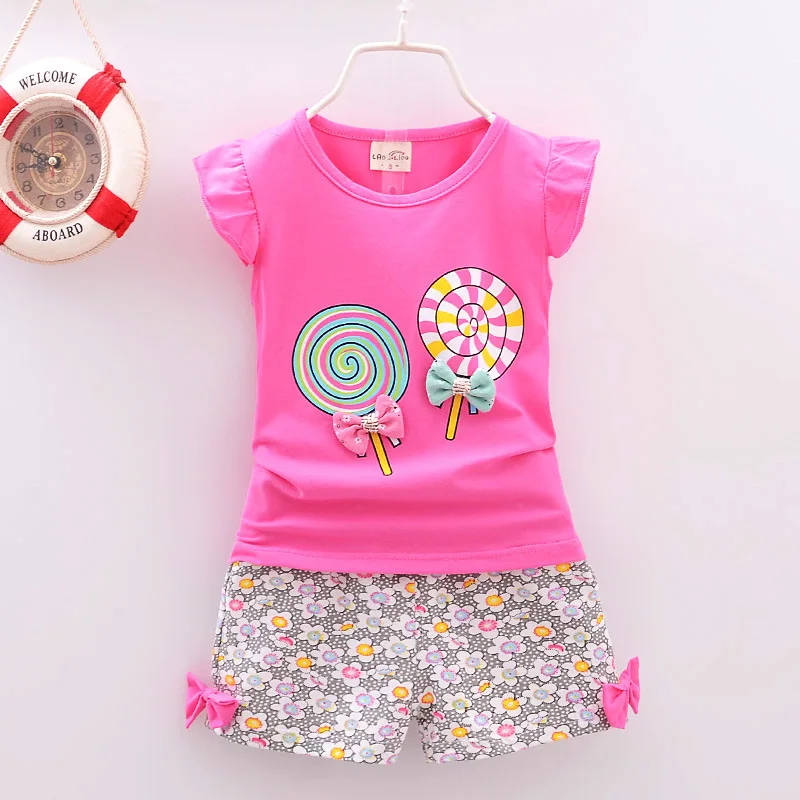 

Baby Girl Summer Sets Cartoon Printing T shirt + Floral Shorts 2 Piece Outfits Kids Wholesale Clothing Toddler Casual Wear, Pink, rose red, yellow