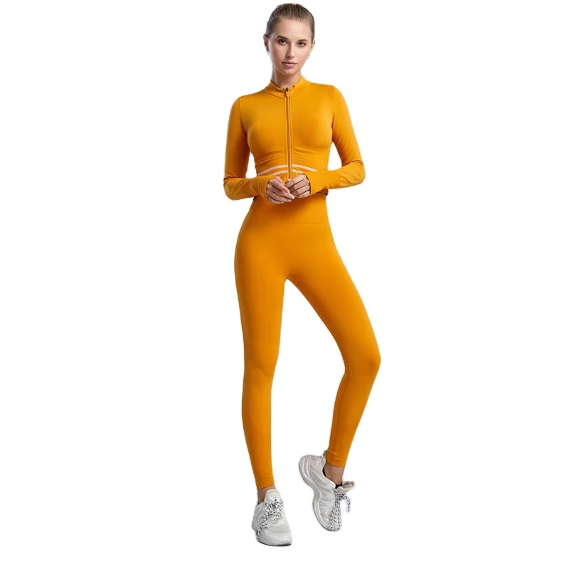 

2021 New Arrival High Waist Sport Fitness Seamless Active wear Girls Fitness Yoga Wear Long Sleeve Bra Legging Yoga Set with zip, Black,red,pink,orange