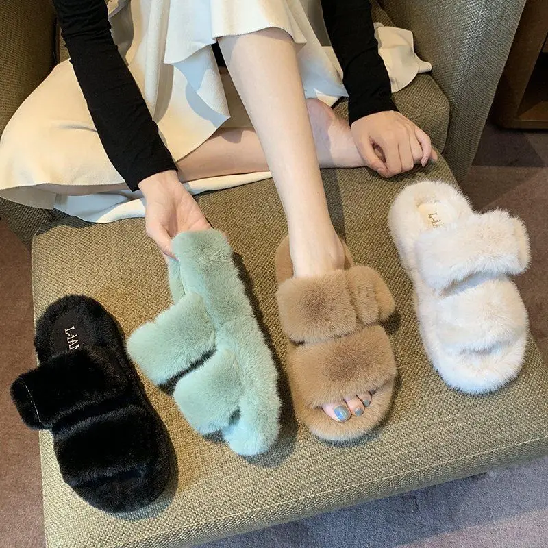 

Winter Warm Fuzzy wedge platform sandals Indoor Outdoor Home Fur Slides Faux Sheepskin Slippers for Women, Beige, black, khaki, green