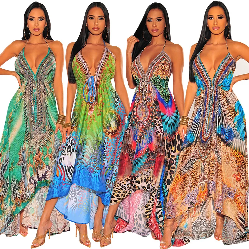 

2021 hot summer vintage designer robes saia chic deep v neck ladies maxi long casual girls' beach women plus size sexy dresses