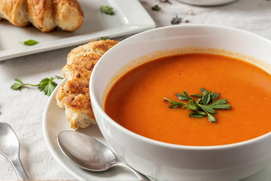 Serving suggestion of roasted red pepper soup with crusty bread and fresh herbs