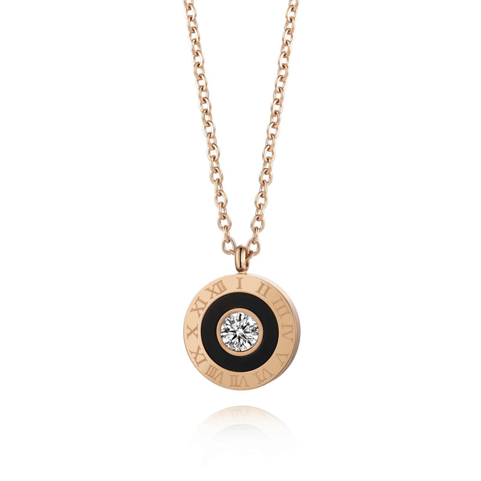 

Loftily Korean Style Stainless Steel Ladies Women Round Disc Black Agate Pendant Necklace