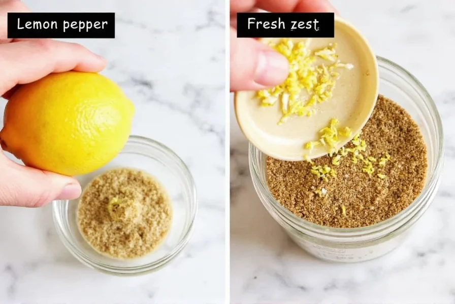 Step-by-step preparation of homemade lemon pepper seasoning showing fresh lemon zest and grinding process