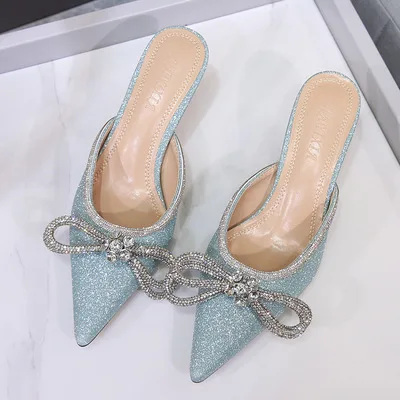 

Designer High Heels Women Slippers Rhinestone Bowknot Mules Shoes Ladies Slides Satin Sequin Cloth Crystal Party Shoes Women