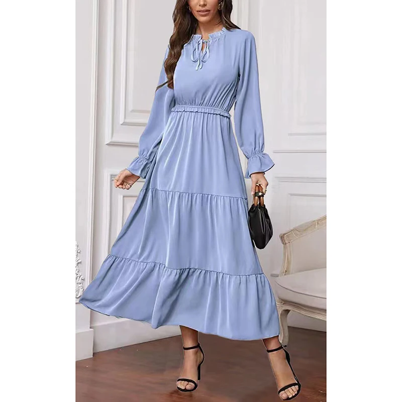 

Newest casual dresses solid color long sleeve lace-up women's dresses