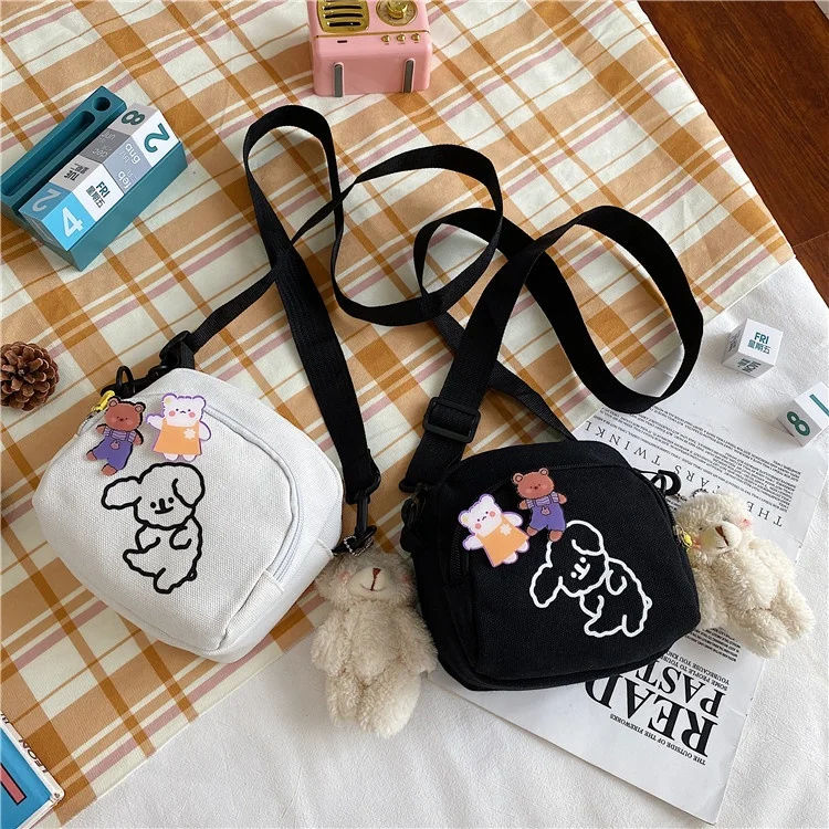 

2022 New Japanese Harajuku Cute Cartoon Little Dinosaur Student One Shoulder Messenger Crossbody Canvas Bag, White, black