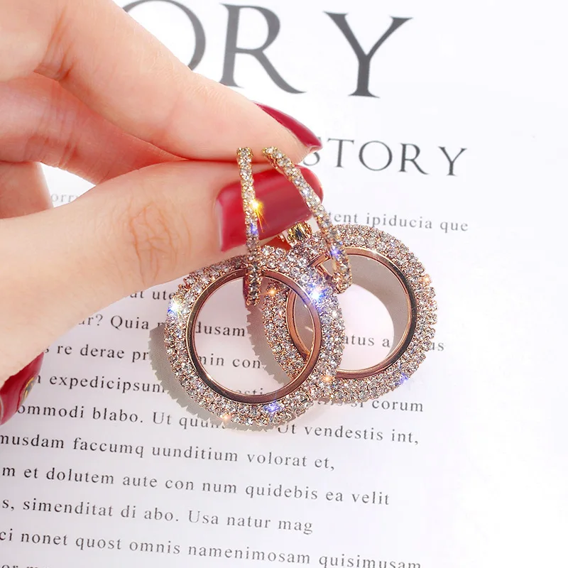

Ins 925 Sterling Silver Round Drop Earrings Double Circle Bling Shiny Full Rhinestone Crystal Round Earrings For Women