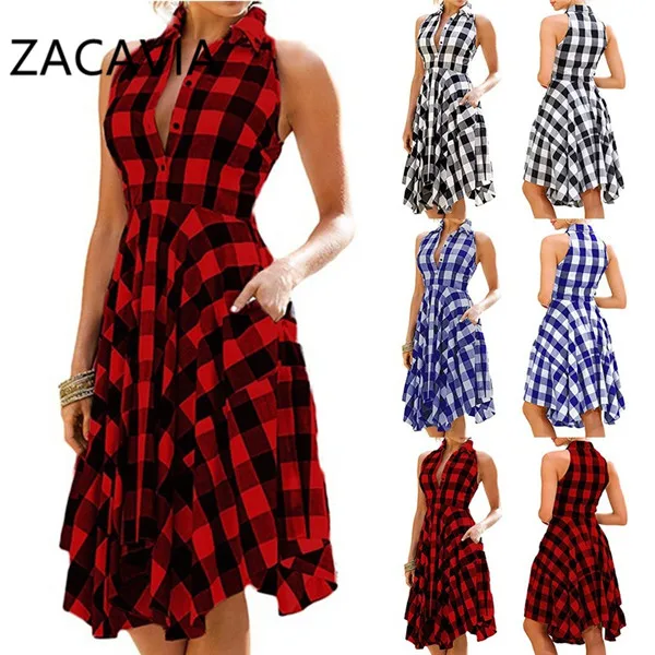 

Fashion Short Lapel Sleeveless High Waist Ladies Casual Dress Office Plaid Mini Shirt Dress